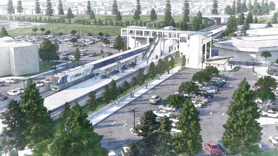Ardenwood Station Conceptual Design looking north from SR-84. Existing Park & Ride is to right of proposed new station